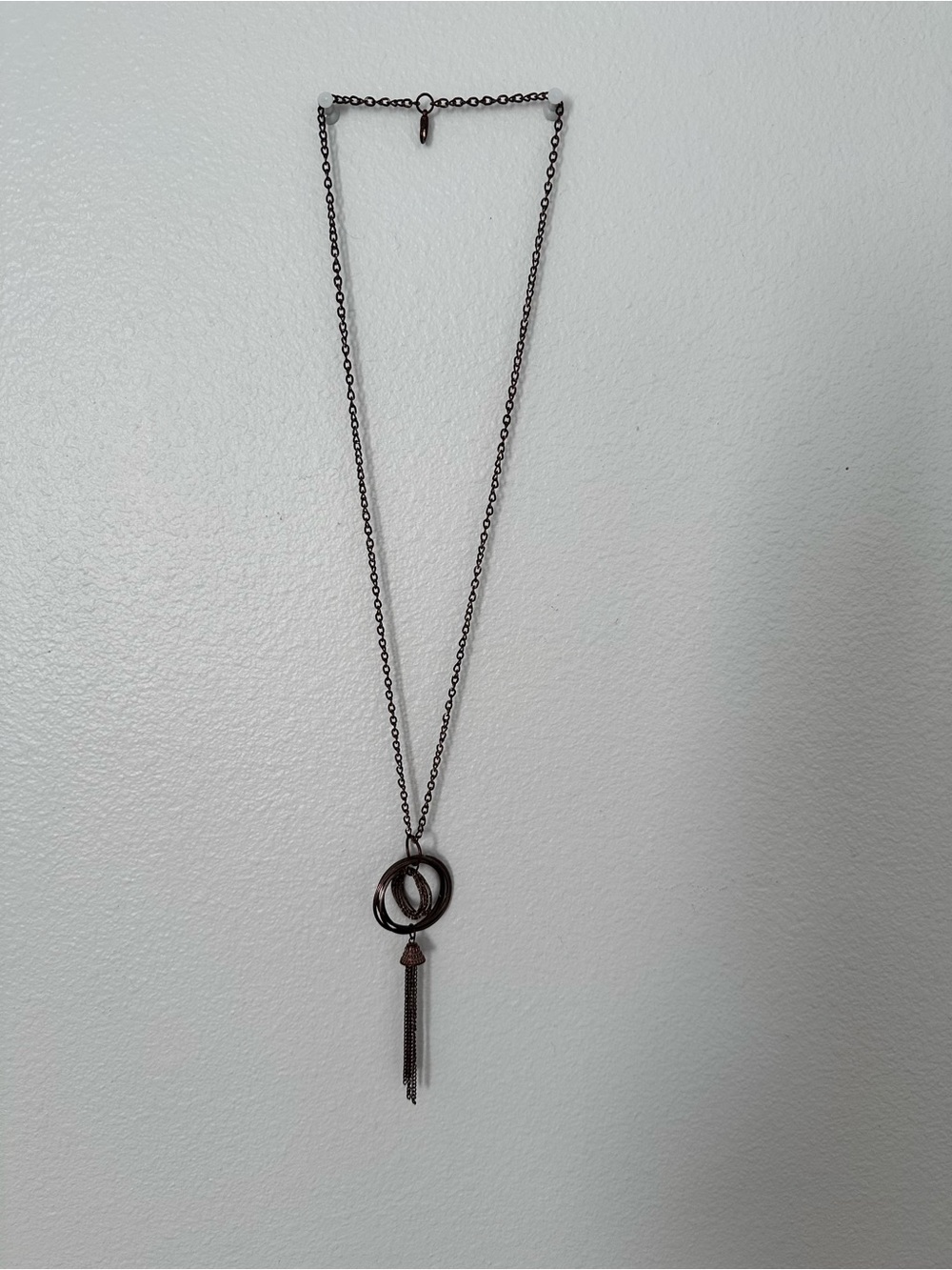 Long Dark Brown Double-Ring Pendant Necklace with Tassel